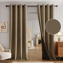 Beauoop 100% Blackout Curtains 90 Inch Long 2 Panels for Bedroom Living Room Brown Linen Textured Room Darkening Thermal Insulated Soundproof Grommet Top Window Treatment Drapes,52x90, 2 Set