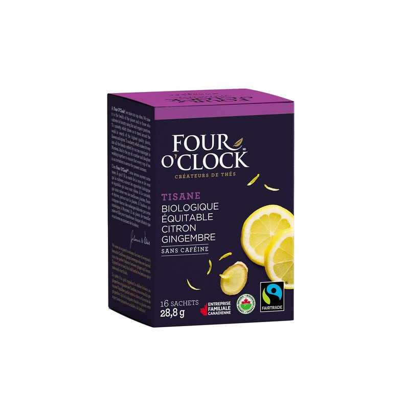 Four O'Clock Organic Fairtrade Herbal Tea Lemon Ginger, Non-GMO, Kosher,