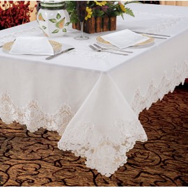 Violet Linen Embroidered Vintage Lace Design Oblong/Rectangle Tablecloth, 70" x 140", White