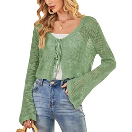 Balimtoy Women Tie Front Cardigan Crochet Sweater Crop Tops Cute Bell Long Sleeve Knit Shrug Beach Vacation Cover Ups Green M