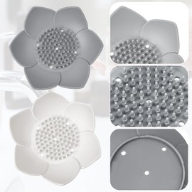 HFZRZFH 2-Pack Lotus Shaped Silicone Soap Dishes with Self-Draining Holes, Non-Slip Design, Extend Soap Life, Easy to Clean, for Bathroom, Kitchen, Countertop, Grey & White