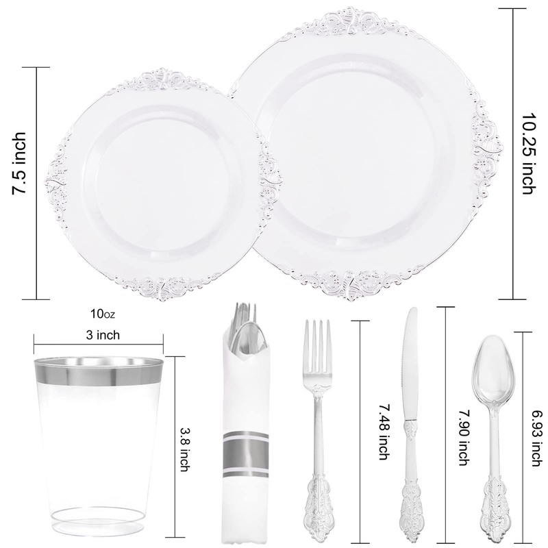Morejoy 350PCS Clear Silver Plastic Plates - Silver Disposable Plates