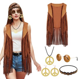 6 Pieces Women Hippie Costume Set Fringe Vest Faux Seude Tassels Vest 60s 70s Hippie Costume Accessories Peace Sign Boho Set