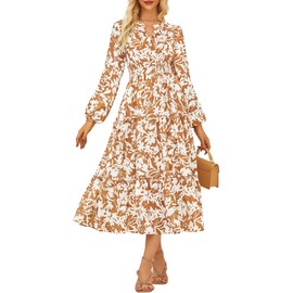 GRACE KARIN Women Floral Maxi Dress,2025 Fall Long Sleeve Casual Dresses,V Neck Boho Flowy Elegant Dress with Pockets L Yellow