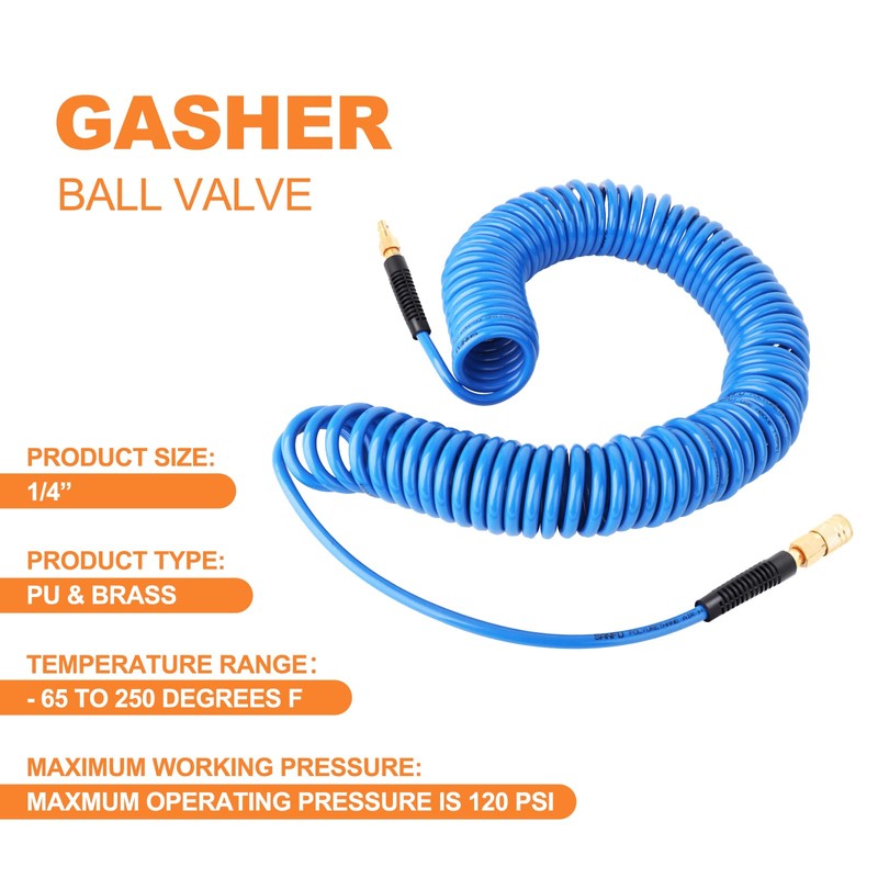 GASHER 1/4" x 50FT Polyurethane Recoil Air Hose with Bend