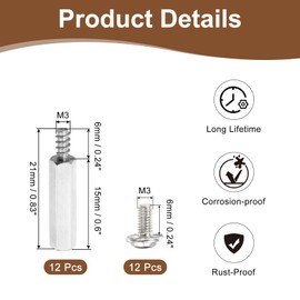 PATIKIL 12 Set M3 Hex Standoffs, M3 x 15mm + 6mm Studs Male to Female Motherboard Standoffs Spacers Pillars, Stainless Steel Silver, with Screw