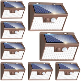 Peasur Brown Solar Lights Outdoor Motion Sensor 8 Pack, Ultra-Bright 3 Mode 140LED Fence Security Light Waterproof, Solar Wall Lighting for Patio Yard Step House Outside Cool White