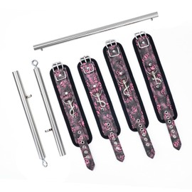 Spreader Bar Heavy Duty Stainless Steel Expandable Home Gym with 4pcs Furry Purple Adjustable Strap,Sports Aid Training Fitness Gear Pilates Aid Kit,Yoga Set (Silver+Black-Pink PU Kit)