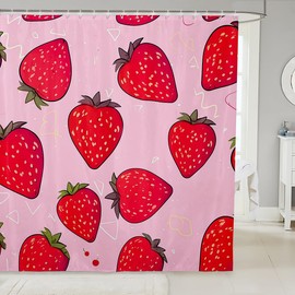 Girls Strawberry Bath Curtain Cute Cartoon Strawberry Kids Shower Curtain Kawaii Fruit Pattern Anime Decor Bathroom Shower Curtain Set Waterproof Nature Theme Kids Bathroom Accessories 72"x72"