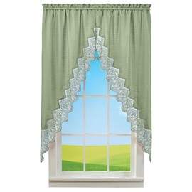 Collections Etc Elegant Lace Border Trim & Solid-Color Window Curtain Sage Swags