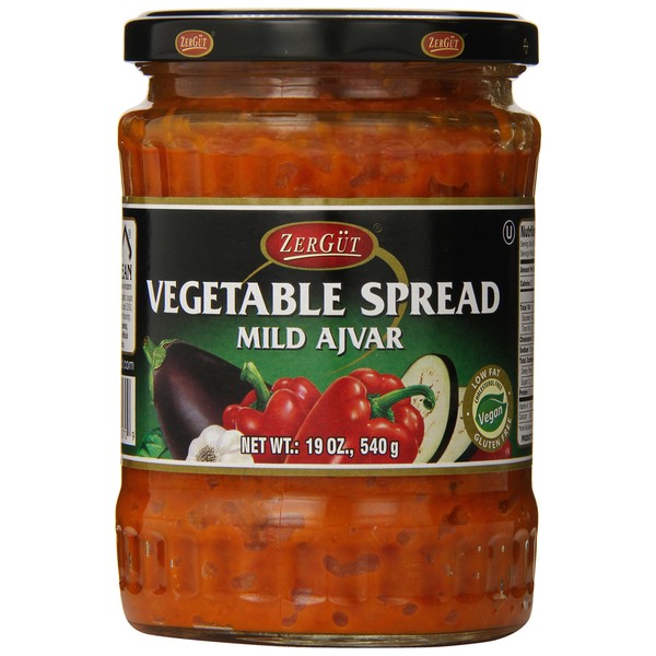 Zergut | Vegetable Spread (Ajvar), Mild | Plant-Based Spread | Kosher | Vegan | No Artificial Colors, Additives, or Preservatives | 19oz / 540g Jar