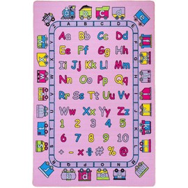 CR’s Kids/Baby Room/Daycare/Classroom/Playroom Girl’s Area Rug. Alphabet. Train. Letters. Numbers. Educational. Fun. Pink. Purple. Non-Slip Back. Bright Colorful Colors (8 Feet X 10 Feet)