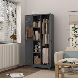 GREATMEET 65" Metal Storage Cabinet with Lockable Doors, Functional Garage Storage Cabinets, Heavy-Duty Tool Organization Utility Cabinet with Hanging Rod & S-Hooks,Grey