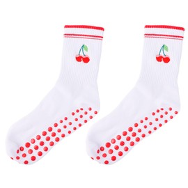Mikovivi Anti-Slip Pilates Socks for Women, Non Slip Cute Grip Socks with Cherry Embroidered Design for Barre Yoga Workout Dance Studio