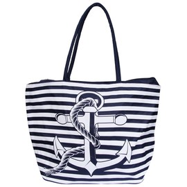 Cham Cham - Women's Anchor Beach Bag Textile Fabric with Zip 3600044, Dark blue, white
