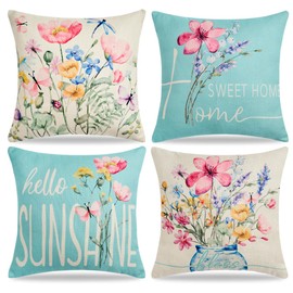 Voreppy Cushion Covers 45 x 45 cm Floral Waterproof Linen Blue Outdoor Pink Floral Green Leaves Decorative Pillow Covers for Garden Sofa Couch Bed Home Decor Set of 4