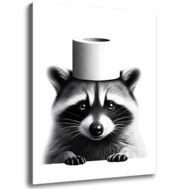 Funny Bathroom Decor Wall Art, Cute Raccoon Toilet Paper Roll Canvas Wall Decor, Humor Farmhouse Animal Wall Art, Black and White Wall Art Decor, Modern Wrapped Canvas Prints Ready to Hang 12"x16"