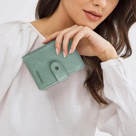 Contacts Leather Wallet for Women Small Bifold Zipper Coin Purse Multiple Compartments 12 Slot Card Holder with RFID Blocking (Greenish Grey), Greenish Grey, Minimalism