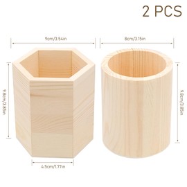 Bakiauli Set of 2 Wooden Pen Holders, Round and Hexagon Pen Holder, DIY Pen Cup for Desk, Office, Make-Up, Schoo
