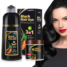 MEIDU Hair Dye Shampoo Plus Hair Mask Combo Set,3 in 1 Hair Dye Shampoo Can cover gray hairs,Collagen Hair Treatment,Ginseng Nourishing Repair - Color: Black + Hair Mask