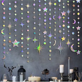 Iridescent Star Moon Circle Dot Garland Holographic Hanging Crescent Twinkle Little Star Streamer Bunting Banner for Birthday Ramadan EID Mubarak Wedding Bridal Baby Shower Party Decorations Supplies