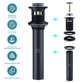 ALTAIR Bathroom Pop-up Sink Drain Stopper with Overflow, Bathroom Sink Drain with Detachable Strainer Basket Anti-Clog Sink Strainer Matte Black