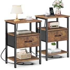 Vagusicc Nightstands Set of 2, Nightstand with Charging Station, Bed Side Table with Drawer, End Table with Storage Shelf for Living Room, Tall Bedside Tables, Small Night Stand for Bedroom, Brown