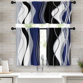 Tayney Blue Grey White Black Kitchen Window Curtains Valance and Tier Set 36 Inch, Geometric Lines Abstract Rod Pocket Short Tier Curtain for Bathroom, Modern Small Cafe Drapes for Kitchen Decor