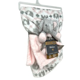 AWW GIFFTS Blankets and Beyond Baby Plush Elephant Security Nunu and Baby Blanket Pink White Grey Tapestry Damask 2-PC Set