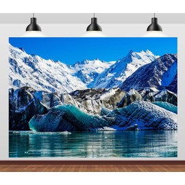 Loccor 9x6ft Fabric Snowy Mountain Lake Backdrop Turquoise Glacier Glacier Terminal Lake New Zealand National Park Scenery Background Winter Travel Party Decorations Photo Studio Props