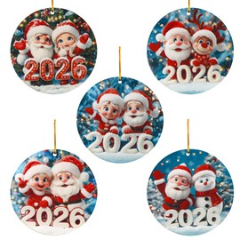 Santa Claus Christmas Tree Ornaments: 5pcs 2D Funny Flat Round Acrylic 2026 Xmas Indoor&Outdoor Decorations for Wreath, Keychain, Christmas Stocking Stuffers, Housewarming Presents, Party Keepsake