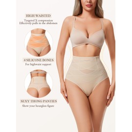 Silongder Thong Shapewear Tummy Control Underwear for Women High Waist Body Shaper Girdle Compression Shapewear Thong Beige