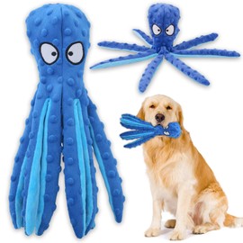 Dog Squeaky Toys, Octopus Interactive Play Toy, No Stuffing Plush Dog Chew Toy with Crinkle Paper for Medium and Large Dog Playing (Blue)