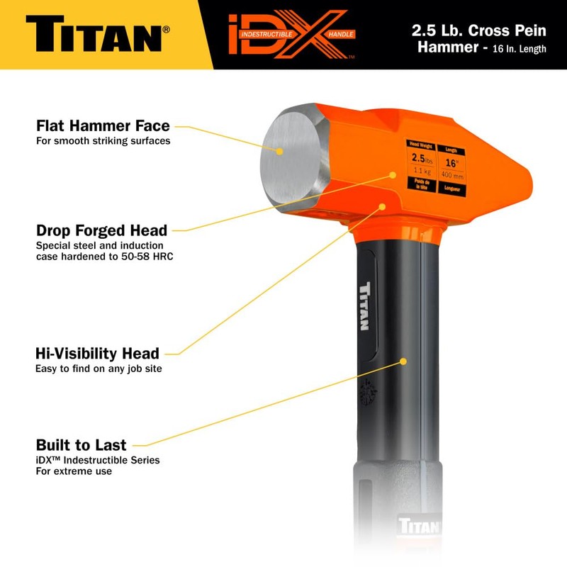Titan iDX 63620 2.5lb Cross Pein Hammer, Blacksmith Tool with
