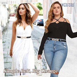 WERFORU 3 Pack Women Ladies Skinny Elastic Waist Belt Gold Buckle Stretchy Thin Belt for Dress Jeans,Black+Brown+Beige