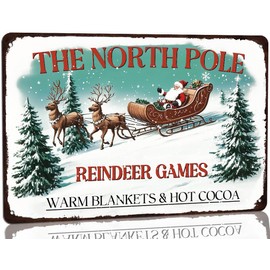 Festive Christmas Decor The North Pole Reindeer Games Wooden Sign - Warm Blankets & Hot Cocoa Sign, Holiday Farmhouse Decor Perfect For Holiday Gift & Christmas Reindeer Decoration 8x8 Inch