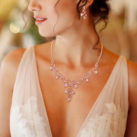 EVER FAITH Bridal Jewelry Sets for Wedding Crystal Flower Leaf Bride Necklace Earrings Set Champagne Rose Gold-Tone