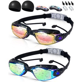 KIROGILY Goggles Natacion 2pcs, Gogles Adulto Natacion, Google natacion Kit de Natación 10 en 1, Sin fugas, Antiniebla, Protección UV, Adecuado Googlesnatacion Mujer y Hombres (Oro y Rosa)