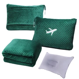 Nenolix 3 in 1 Travel Blanket Pillow Set - 350 GSM Thick Travel Blanket Airplane Compact with Bag, Soft Bag with a Pocket, Inflatable Travel Pillow for Camping & Car Trip (Dark Green)