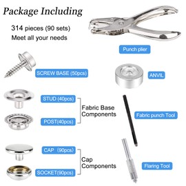 Canvas Snap Kit, CENOZ Marine Grade Stainless Steel Snaps, Screw Snaps,Boat Cover Snaps, Carpet snap kit with Setting Tool for Boat Cover Furniture (silver-314PCS)