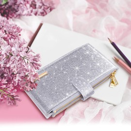Coco Rossi Womens RFID Blocking Large Capacity Wallet Multi Card Organizer Bifold Wallet for Women with Zipper Pocket, Silver Glitter, long purse, Casual