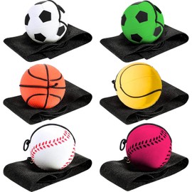 6 Pieces Wrist Ball Wristband Sports Ball on a String Toy Includes Basketball,Tennis Balls, Baseball and Football Return Rubber Rebound for Party Favor, Exercise or Play