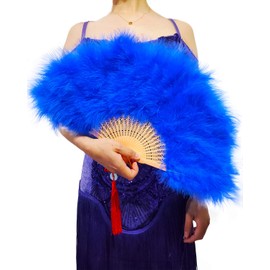 Happy Feather Handheld Marabou Feather Fan, 1920s Vintage Style Flapper Hand Fan for Costume Party and Dancing-Royal Blue