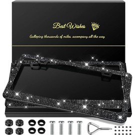 Aorvp 2 Pack Bling License Plate Frames for Women, Sparkly Rhinestone Diamond Car Accessories with Glitter Crystal Caps (Black) - Color: Black