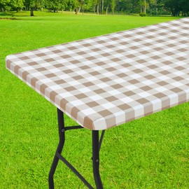 Smiry Rectangle Picnic Table Cloth, Elastic Waterproof Fitted Vinyl Tablecloths, Flannel Backed Buffalo Plaid Table Covers for Dining, Camping, Outdoor (White and Khaki, 30" x 72")