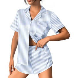 Ekouaer Womens Silk Satin Pajama Set Print Short Sleeve Sleepwear Button Down Pjs Shorts Set Loungewear Blue Striped S