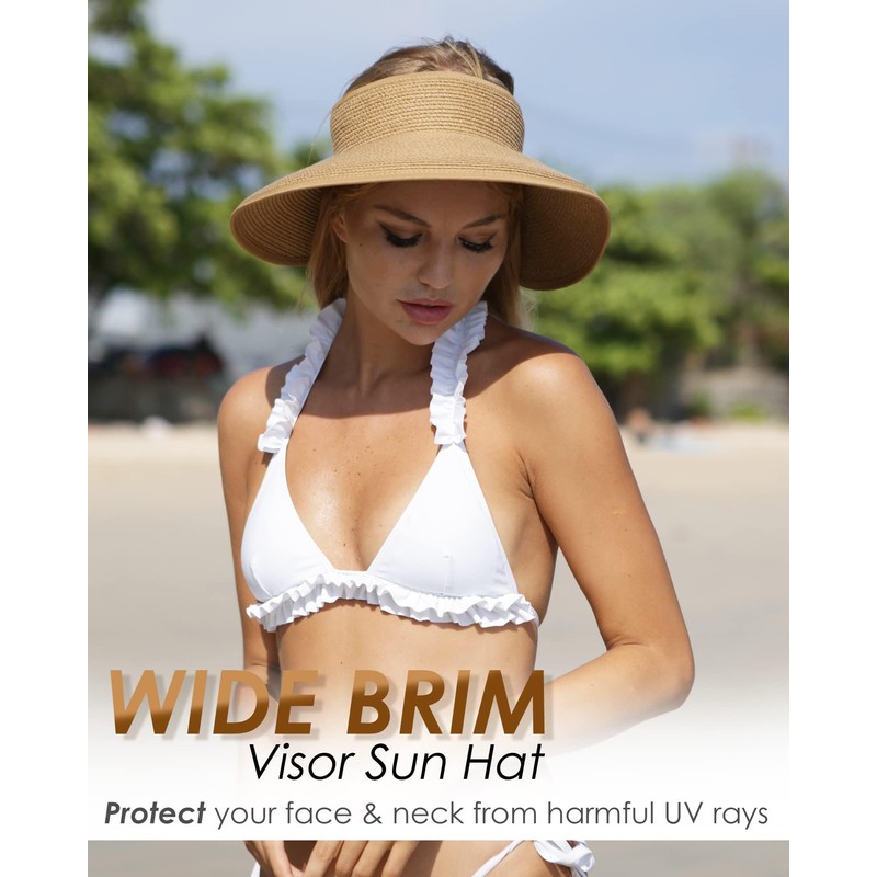 FURTALK Sun Visor Hat for Women Wide Brim Straw Roll-Up