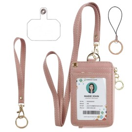 Id Badge Holder with Neck Lanyard Pu Leather Wallet,Pink Lanyard with Id Holders,Wristlet & Long Lanyard, 1 Clear Window, 4 Credit Card Slots, Phone Holder, Ring Keychain,Zipper Pouch