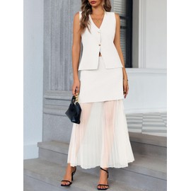 Cicy Bell Womens Summer 2 Piece Outfits V Neck Sleeveless Blazer Waistcoat and Mesh Maxi Skirt Suit Sets White