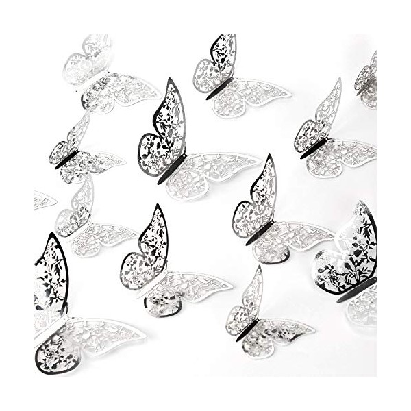 AIEX 24Pcs 3D Butterfly Wall Stickers Removable Mural Decals Room Wall Decoration for Bedroom Party Wedding Decors, 3 Sizes (Silver)